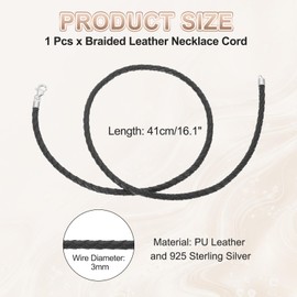 sourcing map 3mm Braided Leather Necklace Cord, 16 Inch Braided Necklace String Rope with 925 Sterling Silver Clasp for Pendants, Necklaces, Jewelry Making Beading Supplies (Black)
