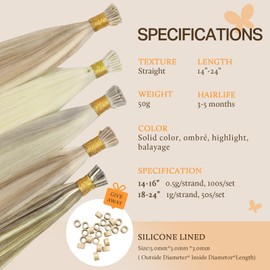 DOORES Human Hair Extensions, Ash Blonde Highlighted Platinum Blonde 50g/50s 18 Inch, Long Straight I Tip Hair Extensions