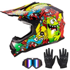 VCOROS Youth Kids Dirt Bike Helmets Motocross Street Offroad BMX MX ATV Dirtbike Motorcycle Helmet VS-905 with Goggles Gloves DOT Approved(Color Cartoon Bean,M)