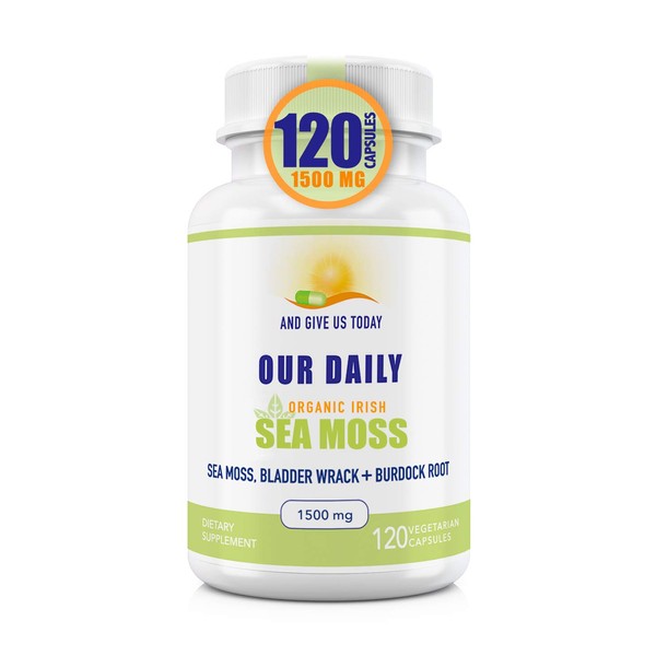 Our Daily Vites Organic Sea Moss 1500 MG 120 Ct Wildcrafted Irish Sea Moss Bladderwrack and Burdock Root Capsules Wildcrafted Vegan and Seamoss Superfood Supplement