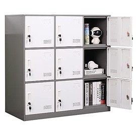 iCHENGGD Metal Locker Cabinet 9 Door Steel Storage Locker Home Organizer with Lock and Ventilation for Employee, Kids, Bedroom, Office, Gym, Bank (9D, Grey)