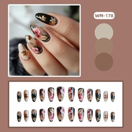 TBRZTR 24Pcs Flower Press on Nails Medium Length Gold Glitter Powder Floral Pattern Design Glossy False Nail Full Cover Almond Stick on Nails Artificial Acrylic Press Ons Glue on Nail for Women