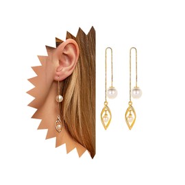 Yheakne Boho Pearl Threader Earrings Gold Leaf Threader Tassel Earrings Pearl Dangle Earrings Long Tassel Chain Drop Earrings Jewelry for Women