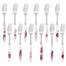Jeffbaubl 12 Pcs Dinner Forks, Stainless Steel Dessert Forks with Ceramic Handle, Floral Design Flatware for Home & Restaurant (12 Floral Patterns)