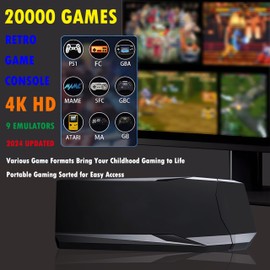 Retro Video Game Console, Plug and Play Controllers Video Game Retro Play Game Console Built in 20000+ Games, 9 Classic Emulators, 4K High Definition HDMI Output for TV