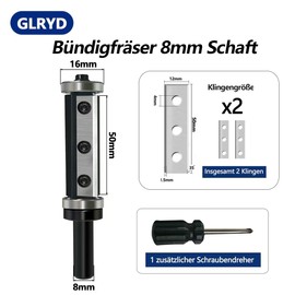 GLRYD Flush Cutter 8 mm Shank, 50 mm Cutting Length, D = 16 mm, 2 Cutting Surfaces, Reversible Plates, Carbide, with Ball Bearings Top and Bottom, for Woodworking, Flush Surface/Copy Milling/Edge