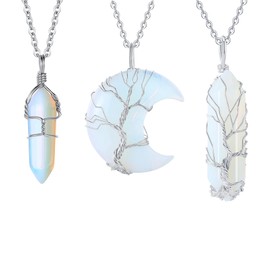 ZHIYUXI 3Pcs Opal Crystal Pendant Necklace Set Tree of Life Wire Wrapped Moon Pendant Necklace Reiki Healing Crystal Stone Necklaces Natural Gemstone Quartz Jewelry for Women Girl