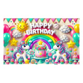BlissYard Unicorn Hapyy Birthday Banner Birthday Backdrop Pastel Rainbow Party Decorations Backdrop for Girls Princess Pink Unicorn Themed Photo Booth Props Celebration Patio Decor