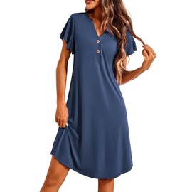 Ekouaer Women Nighties Short Sleeve Above Knee Nightdress Ladies Relaxed Nightshirt Sleepwear V Neck Summer Loungwear,Navy Blue,S