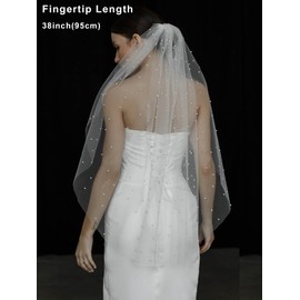 EllieWely Pearl Fingertip Length Wedding Bridal Veil Ivory 38inch