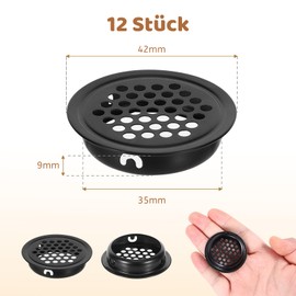 Pack of 12 Black Ventilation Grille, Stainless Steel, 35 mm Fan Grille, Black, Ventilation Grille, Round, Air Grille, Suitable for Garage Ventilation Grille, Cupboards, Shoe Cabinets, Furniture,