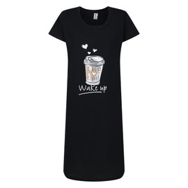 Ladies Nightie Short Sleeve Nightdress Fun Novelty Prints UK 10 to 24 Sleep Wear (Black, Coffee, 10-12)