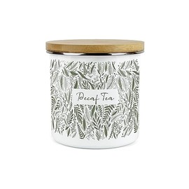 Purely Home Green Leaves Range Decaf Tea Storage Canister - White And Green Metal Enamel Food Storage Container