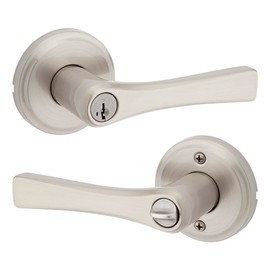 Kwikset Katella Entry Door Handle with Lock and Key, Secure Keyed Reversible Lever Exterior, For Front Entrance and Bedrooms, Satin Nickel, Pick Resistant Smartkey Rekey Security and Microban