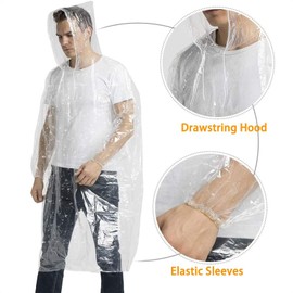 ROUDJER Disposable Rain Poncho, 10 Pack Poncho Waterproof Adult, Clear Rain Poncho for Women and Men with Drawstring Hood and Elasticated Wrists for Travel, Festivals, Theme Parks, Camping