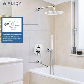 Airuida Shower System with Tub Spout 3-Function Tub Shower Faucet Set Round Rainfall Tub and Shower Faucet Combo with Rough-in Valve 2 Functions Handheld Spray 10 Inch Shower Head Chrome Polish