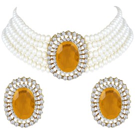 Aheli Kundan Gargantilla de perlas Collar de cuentas de múltiples capas Conjunto de aretes Joyería de boda tradicional india para mujeres y niñas (Champagne Oval-Pearl)