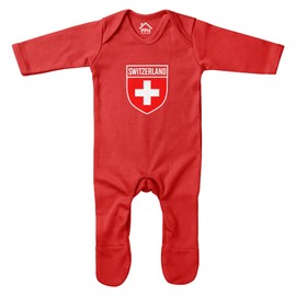 Purple Print House Baby Boys Switzerland Flag Badge Retro Romper Suit - Football Country European 2021 Supporters Gifts for Baby - 2020 Swiss Tournament Footy Soccer Top, 3-6 Months, Red