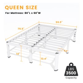 14 Inch Queen Bed Frame, Metal Platform Bed Frame with Round Corner Legs, 3500 lbs Heavy Duty Steel Slats Support, No Box Spring Needed, Noise Free, Easy Assembly, White