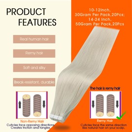 Full Shine Tape in Hair Extensions Straight Remy Tape ins Human Hair Extensions White Blonde Natural Seamless Extension 12Inch 30G 20Pcs Add Volume for Natural Look