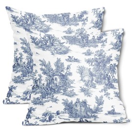 aportt French Country Pillow Covers Set of 2 18x18 Inch Vintage Toile Blue White Cotton Linen Polyester Decorative Throw Pillow Case Cushion Cover for Bedroom Sofa Living Room Couch Chair Office