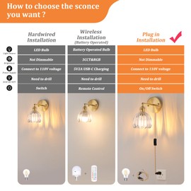 Shenmoyl Plug in Wall Sconce, Transparent Tulip Glass Lampshade Wall Light Plugin Corded for Bedside Bedroom Doorway (Without Bulb)