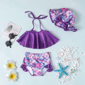 Baby Girl Summer Swimsuit with Hat Toddler Girls Bikini Sets Infant Bathing Suit Beach Outfits (042A-Mermaid Purple, 18-24 Months)