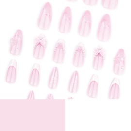 French Tip Press on Nails Long Stiletto Fake Nails with Flower Bow Rhinestone Design Nail Tips Nude Pink False Nails Artificial on Nail Glossy Glue on Nail for Party Daily Decoration 24Pcs