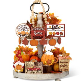 Set of 15 Fall Tiered Tray Decor Pumpkins Farmhouse Decor Autumn Maple Leaf Table Centerpieces Thanksgiving Harvest Wood Blocks Signs for Home Decor(Null)