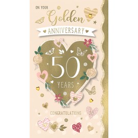 IC&G 50th Handmade Anniversary Card - Happy Golden Anniversary Card 50 Years with Floral Hearts & Butterflies Design and Foil, Flitter, and Embellished Details - Anniversary Card for a Special Couple