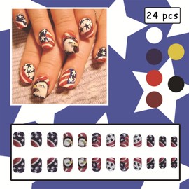 24Pcs 4th of July Press on Nails Short Fake Nails Red Blue White Acrylic Nails Independence Day Fake Nails American Flag Star Eagle Design Full Cover Sticker on Nails for Women Manicure Decoration
