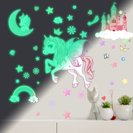 Glow in The Dark Stars Unicorn Wall Decals, Castle Moon Rainbow Stickers for Ceiling, DIY Unicorn Wall Decor for Nursery Girls Playroom, Kids Christmas Birthday Party Decoration