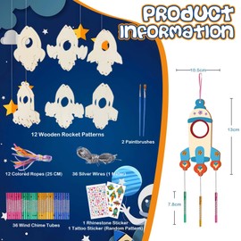 Wind Chime Kits for Kids, 12 Pack Rocket Wooden Wind Chime Craft Set, Birthday DIY Windchime Set for Pre-School Nursery Parties, Art Project, Rewards, Back-to-School Season, Birthday Party Decoration