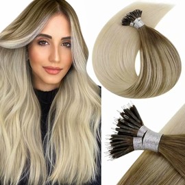 LaaVoo Nanoring Real Hair Extensions Balayage Brown Blonde 1 g/Strand 50s Nano Bonding Remy Human Hair 55 cm Nanobeads Extensions Natural #8/59 Light Brown Ombre Light Blonde 50 g