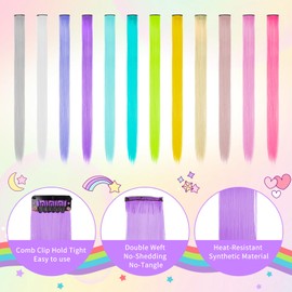 Kyerivs 24PCS Colored Hair Extensions Temporary Hair Color Gift for Girls, 20Inch Clip In Rainbow Straight Hairpieces Colorful Hair Accessories Easter Basket Stuffer for Kids Teen