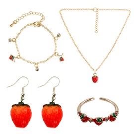 Voiiake Strawberry Costume Jewelry Set for Women - Cute Strawberry Accessories - Necklace, Earrings, Ring & Chain Bracelet for Halloween Party, Cosplay, Halloween Costumes