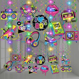 Skyygemm 56 Pcs 80s Hanging Decorations with Lights Back to the 80's Hanging Swirls Retro Hip Hop Paper Cutouts Neon Rock Hippie Music Record Disco Ceiling Streamers for Home Birthday Party Supplies