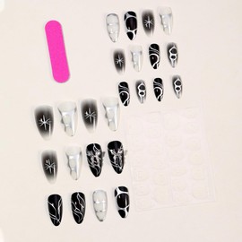 24Pcs Long Press on Nails Almond Fake Nails with Rhinestones Design Full Cover Silver Line Stick on Nails Reusable Butterfly Glue on Nails Black White Acrylic Nails for Women DlY Manicure Supplies