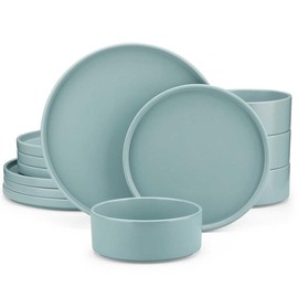 Vancasso Venus 12-Pc Minimalist Modern Design Dinnerware with Vertical Edges and Matte Finish, Includes 4 dinner plates, 4 salad plates, and 4 bowls - Color: Blue
