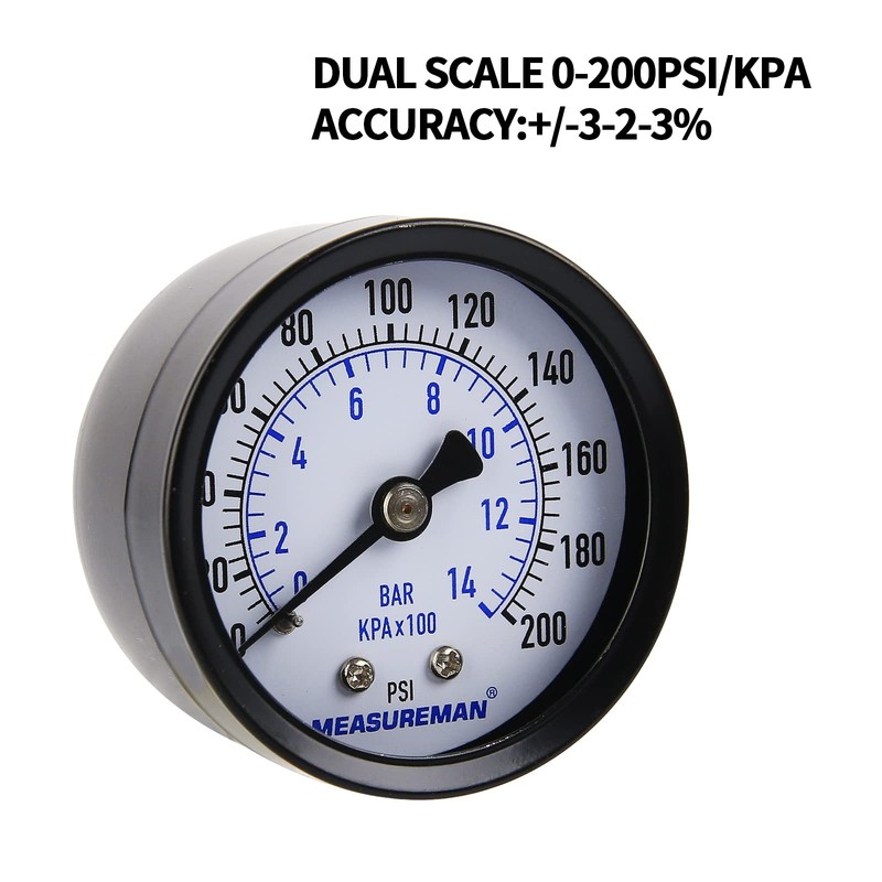 Measureman 2" Well Pump Pressure Gauge, 0-200psi/bar, 1/4" NPT Male