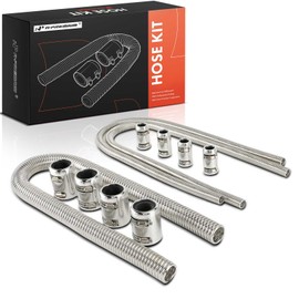 A-Premium 48" & 44" Universal Flexible Radiator Hose - Stainless Steel Water Hoses Adapter Coolant Hose Kit - with 8Pcs Polished Aluminum Caps (16 Clamps) Silver