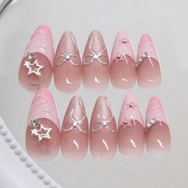 MISUD Press on Nails Medium Almond Fake Nails Glossy Glue on Nails Pink French Tip Acrylic Nails Stiletto Artificial Nails Star Rhinestone Stick on False Nails with Bow Design 24 pcs