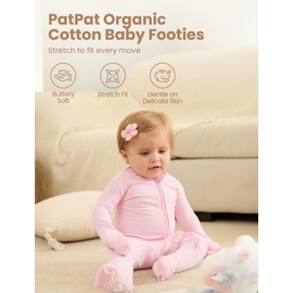 PATPAT Organic Cotton Baby Footie Pajamas with Two-Way Zipper & Fold-Over Mittens, Soft Stretchy Romper for Newborn Boy Girl, Basic Pink, 9-12 Months