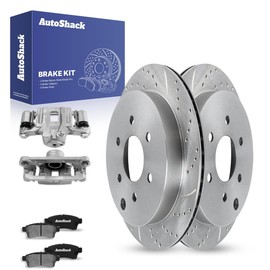 AutoShack Rear Drilled & Slotted Brake Rotors Ceramic Brake Pads Calipers Replacement for Suzuki Equator Nissan Xterra 2005-2023 Frontier RWD Silver Zinc Coated 8-PC Brake Kit SilverShield Pro