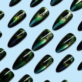 QQPPOLIU Green Press on Nails Medium Almond Fake Nails Cat Eye Design False Nails Glossy Acrylic Nails Hot Girl Glue on Nails 24pcs