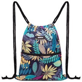 WANDF Drawstring Backpack String Bag Sackpack Cinch Water Resistant Nylon for Gym Shopping Sport Yoga (Blue Leaf)
