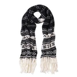 Premium Long Dual Tone Fair Isle Knit Warm Winter Fringe Scarf, Black