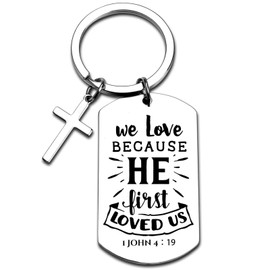 GiftYou 1 John 4:19 Inspirational Scripture Keychain with Cross - Artistic Bible Verse Key Chain and Religious Gift for Christian (1 John 4:19)