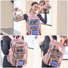 AO ALI VICTORY Large Clear Backpack for Women Men Girls School College Bookbag with Lunch Box Pencil Bag PVC Transparent Backpacks See Through Daypack for Sport Events Stadiums,Work,Travel,Pink Set