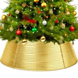 Brightown Metal Christmas Tree Collar, 28" Diameter Christmas Tree Collar Skirt Base Stand Protection from Pets, Perfect for Real or Artificial Trees Holiday Decoration, Golden